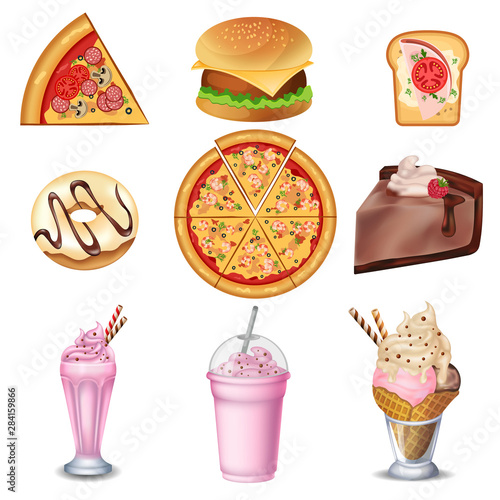 Pizza, hamburger, toast, icecream, milkshake, Cheesecake, donut vector set
