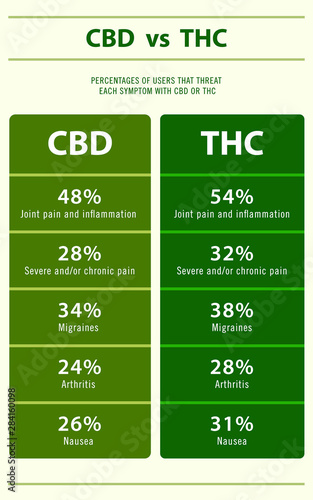 CBD vs THC Percentage of Users vertical infographic illustration about cannabis as herbal alternative medicine and chemical therapy, healthcare and medical science vector.