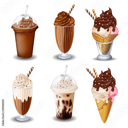 Set of  ice cream, hot chocolate, milk shake. On white background