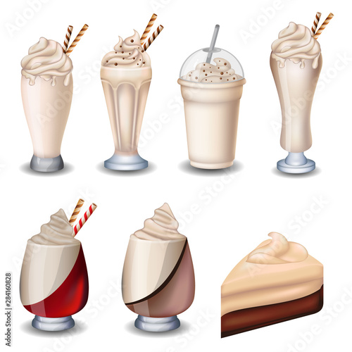 set of vanilla desserts and drinks. Cupcake, milkshakes, ice cream. on white background.