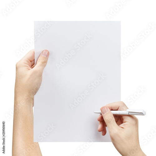 Hand signing paper, isolated on white background
