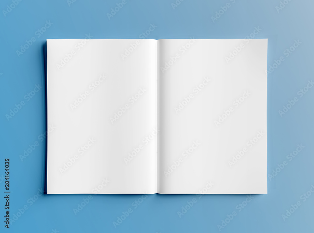 Isolated white open magazine mockup on blue 3D rendering Isolated white open magazine mockup on blue 3D rendering
