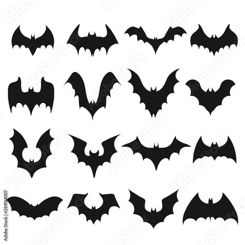 Vampire bat silhouette. Halloween bats decoration, hanging cave flittermouse and scary rearmouse animal, nocturnal holiday night wildlife flight shape vector silhouettes isolated icon collection