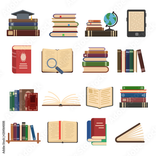 Flat book icons. Library books, open dictionary page and encyclopedia on stand. Pile of paper magazines, ebook globe and novel booklet, publishing vector isolated symbols set