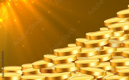 Golden shiny coins. Big bunch of old metal money. Precious expensive treasure.