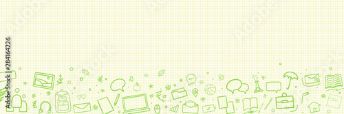 Abstract pattern with school supplies. Graphic paper background. Checkered texture. Back to school. Hand drawn elements. Education concept