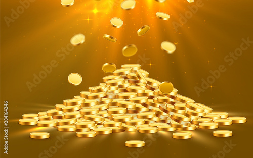 Golden shiny coins. Big bunch of old metal money. Precious expensive treasure.