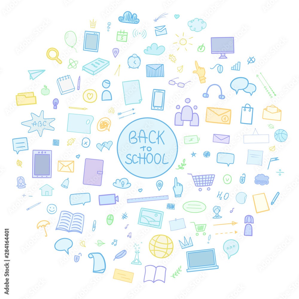 Back to school. Pattern with school supplies. Hand drawn infographic elements. Illustration for your design Back to school. Pattern with school supplies. Hand drawn infographic elements. Illustration for your design