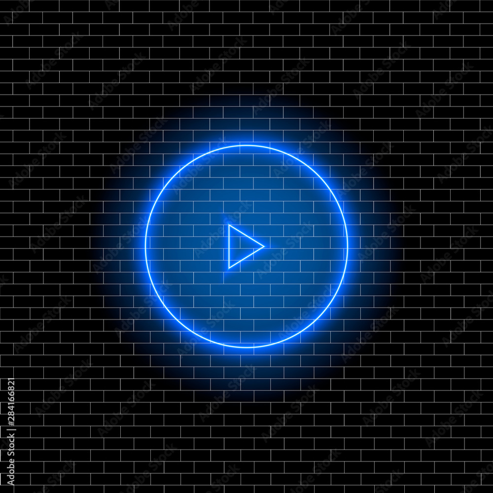 Blue neon play button icon on black brick wall background, vector illustration Blue neon play button icon on black brick wall background, vector illustration