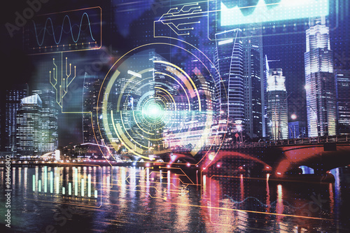 Wallpaper Mural Data theme hologram drawing on city view with skyscrapers background multi exposure. Ai concept. Torontodigital.ca