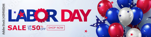 Happy Labor Day Sale long horizontal banner. USA festive design with helium balloons in national colors of american flag and stars pattern. Template  for sale, discount, advertisement, web. 