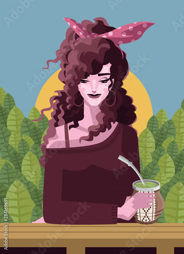 happy cool girl drinking yerba mate