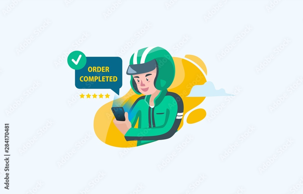 Flat style illustration of delivery man driver icon and biker completed order and successful task by costumer for ordering food service for landing page and websitev