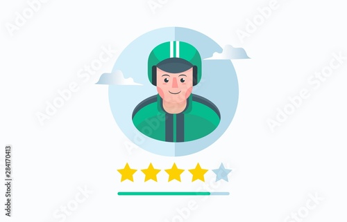 Flat style illustration of novice and young delivery man driver icon and biker delivering package and food for customer at home service for landing page and website