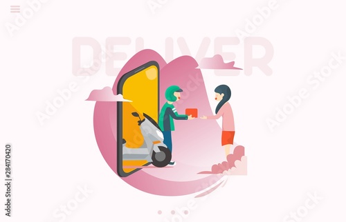 Flat style illustration of delivery man courier Delivering package and food for customer at home service for landing page and website