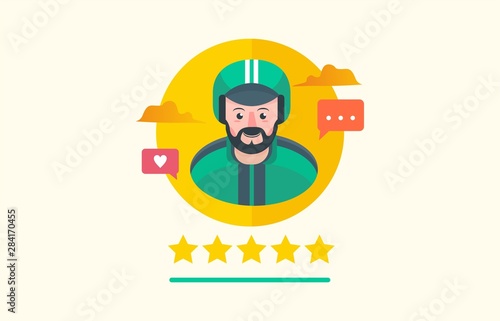 Flat style illustration of experienced and bearded delivery man driver icon and biker delivering package and food for customer at home service for landing page and website