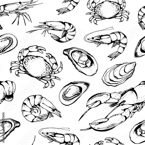 Seafood vector seamless pattern, food vector background in sketch style: lobsters, crabs, shrimps, oysters, mussels