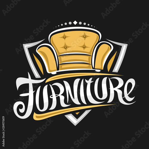 Vector logo for Furniture, decorative sign board with illustration of classic cartoon yellow armchair, design signboard with original elegant brush typeface for word furniture on black background.