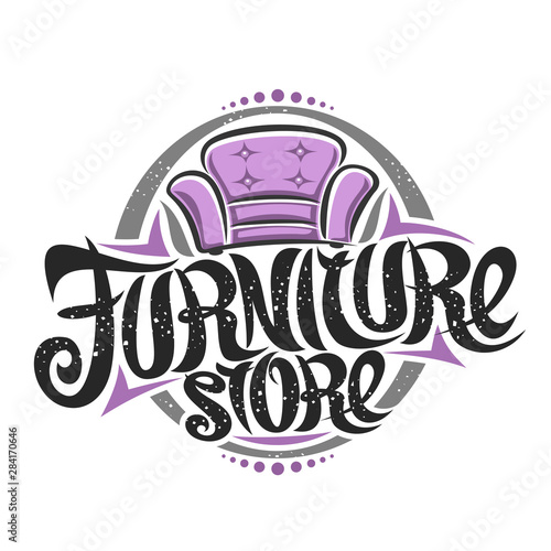 Vector logo for Furniture Store, decorative sign board with illustration of classic cartoon purple armchair, design poster with original elegant typeface for words furniture store on white background.