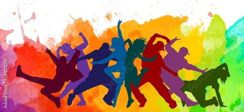 Detailed illustration silhouettes of expressive dance colorful group of peopl...