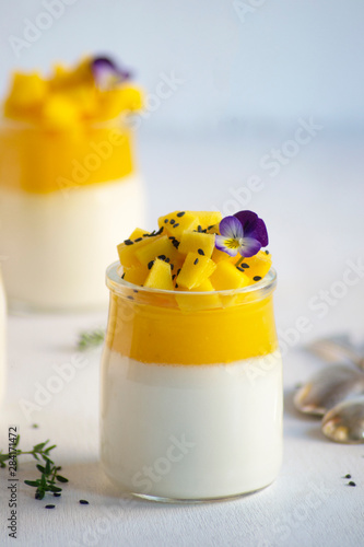 Italian dessert panna cotta with mango jelly and pieces of fresh mango. Copy space.