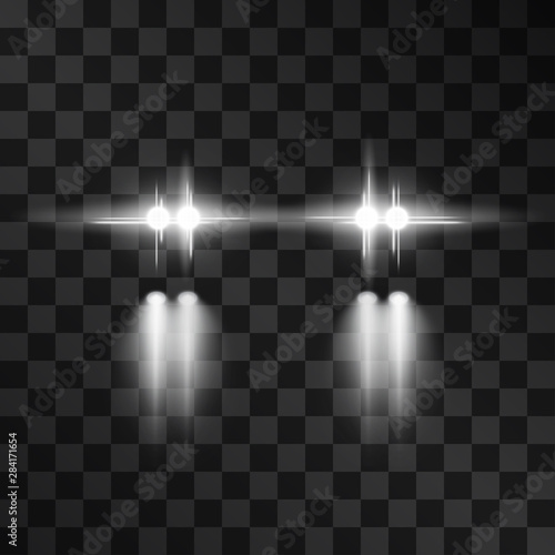 Car white headlights vector set isolated on transparent background. Light effect symbolizing road traffic, distance visibility, car accident danger. Reflections on wet flooring. Glowing flashes.