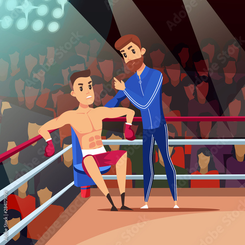 Young boxer with coach flat vector illustration