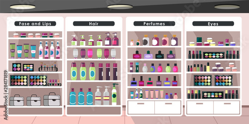 Empty cosmetics store flat vector illustration