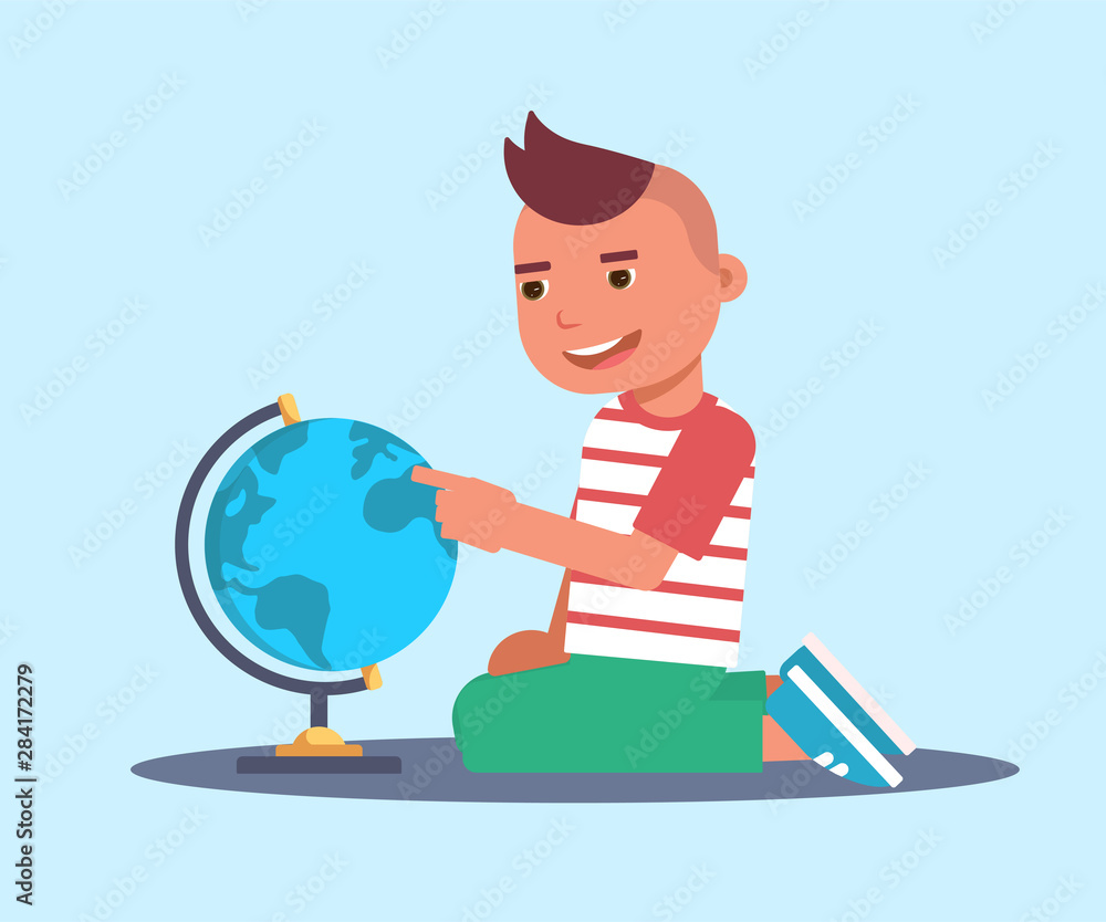 Little boy with globe flat vector illustration Little boy with globe flat vector illustration