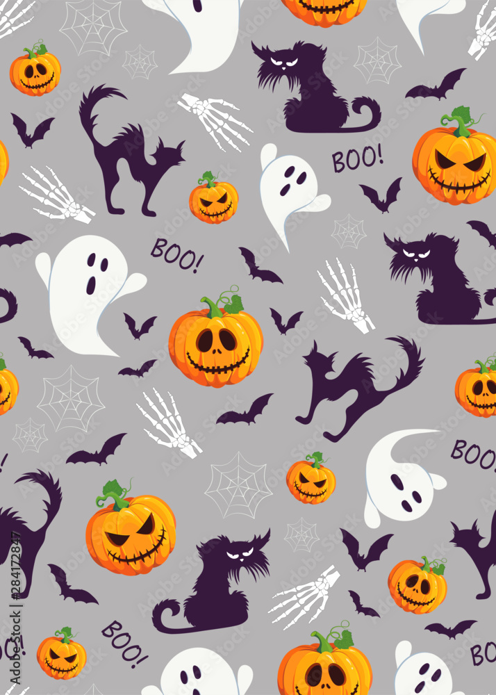 Halloween pumpkin and ghost seamless pattern on gray background. Cute halloween ghost and decoration pattern background. Halloween theme design vector illustration Halloween pumpkin and ghost seamless pattern on gray background. Cute halloween ghost and decoration pattern background. Halloween theme design vector illustration