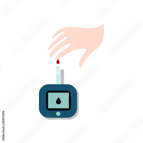 World Diabetes Day symbol. Awareness medical infographic design element. Hand with blood from finger on blood glucose meter, vector illustration