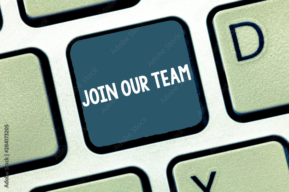 Writing note showing Join Our Team. Business photo showcasing invite someone for job interview enroll in community Keyboard Intention to create computer message keypad idea