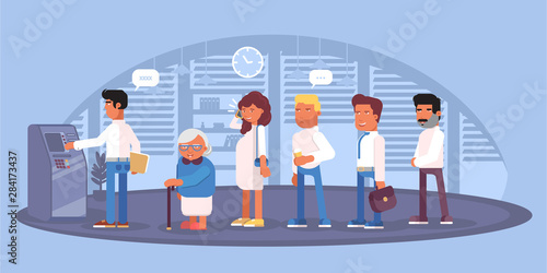 Queue at ATM, cash machine vector illustration
