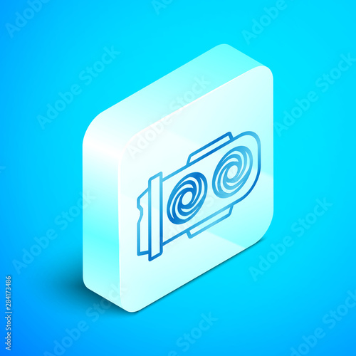Isometric line Mining farm icon isolated on blue background. Cryptocurrency mining, blockchain technology, digital money market, cryptocoin wallet. Silver square button. Vector Illustration