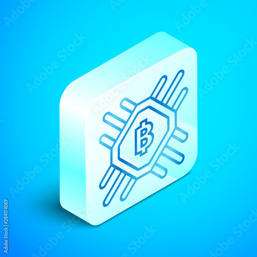 Isometric line CPU mining farm icon isolated on blue background. Bitcoin sign inside processor. Cryptocurrency mining community. Digital money. Silver square button. Vector Illustration