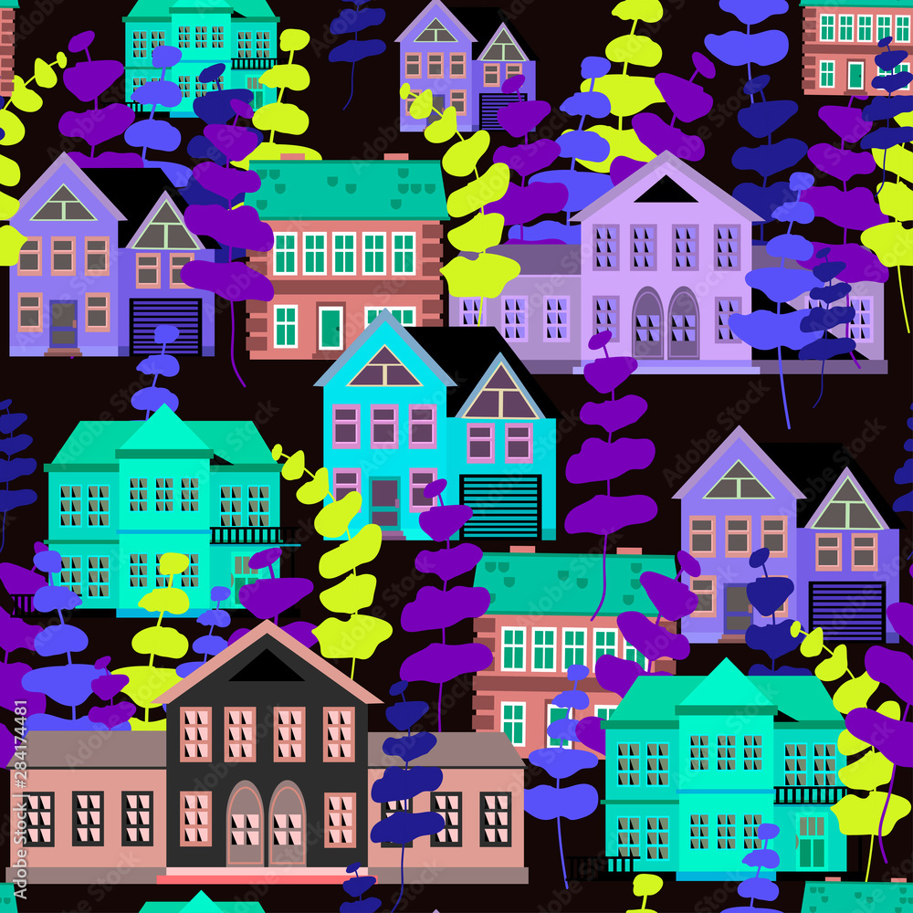 houses of blue and gray colors with abstract trees of violet and yellow colors