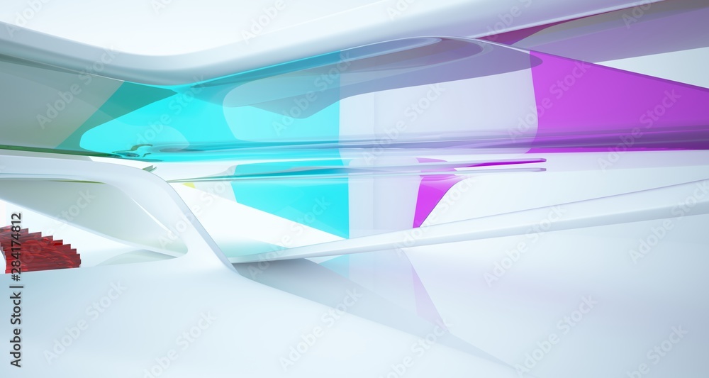 Fototapeta premium Abstract architectural white and glass gradient color smooth interior of a minimalist house with large windows.. 3D illustration and rendering.