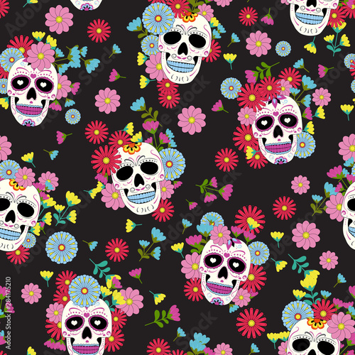Day of the Dead skull with floral ornament and blooming flower seamless pattern on black background. Dia De Los Muertos celebration pattern background. vector illustration