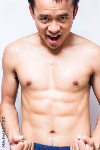 Healthy smart sport muscle asian posting on white background
