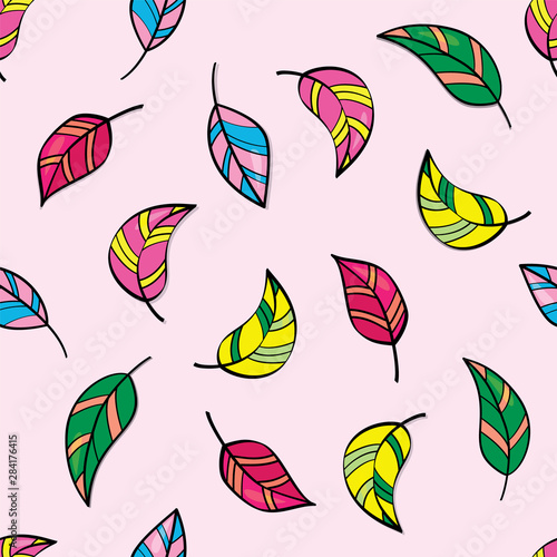 Beautiful seamless pattern with tropical bird feather on pastel pink. Vector