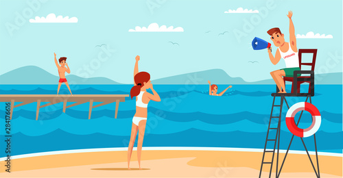 Male lifeguard on beach flat vector illustration