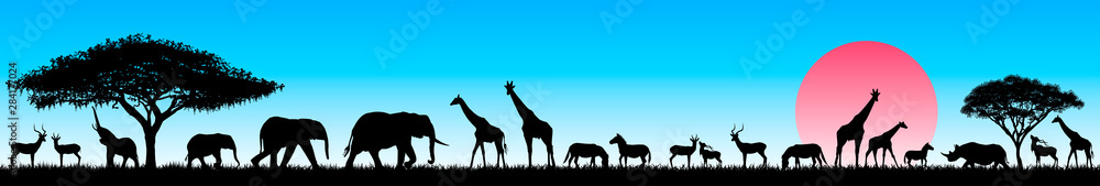 Fototapeta premium African animals in the wild. Silhouettes of wild animals of the African savannah. Set of different wild animals of Africa. African animals against the blue sky and the rising sun