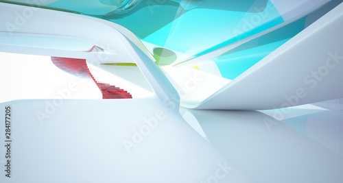 Abstract architectural white and glass gradient color smooth interior of a minimalist house with large windows.. 3D illustration and rendering.