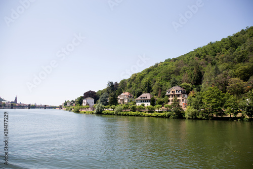 blick entlang des neckar auf einen berg in heidelberg deutschland fotografiert während einer bootstour auf dem neckar an einem sonnigen tag