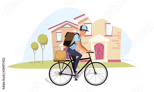 Postman on bicycle flat vector illustration