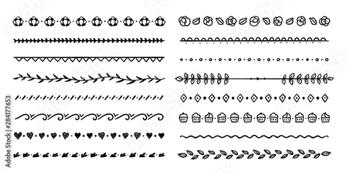 Outline vector borders and dividers. Hand drawn elements and illustrations on white background. Cute decorative graphics
