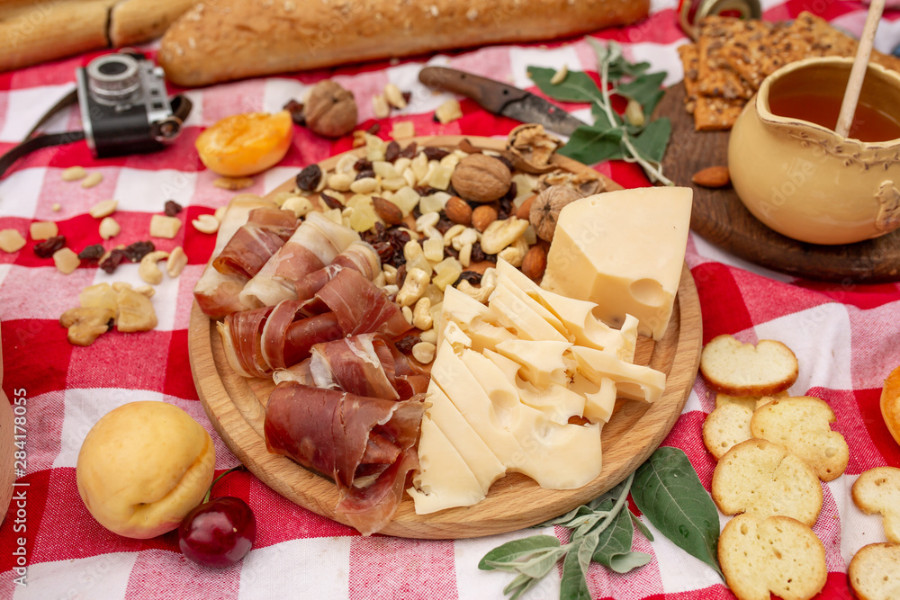 Fototapeta premium Summer outdoor picnic party. Food, honey and fruits lay on checkered blanket