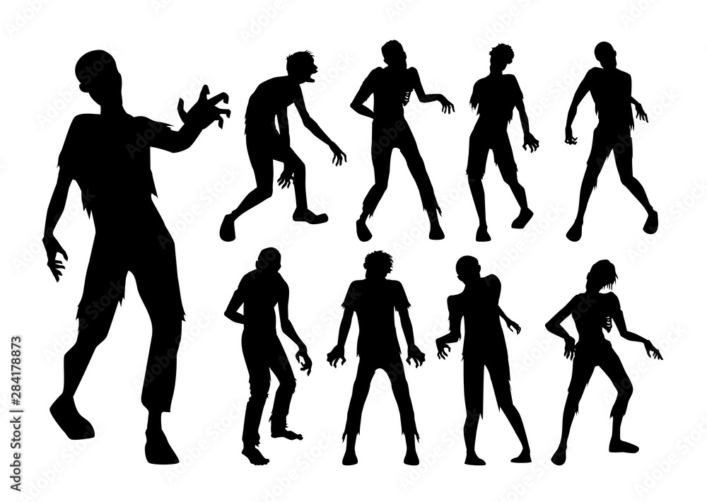 Male Zombie standing and walking actions in Silhouette style collection. Full lenght of people resurrected from the dead.