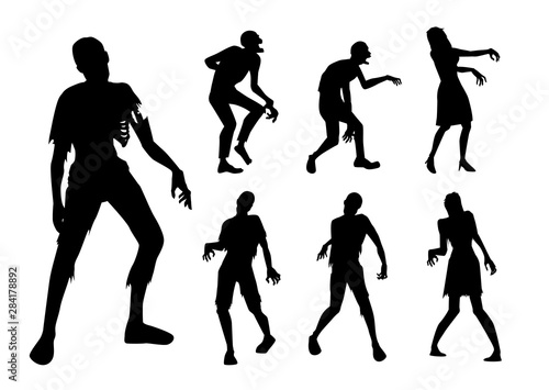 Zombie standing and walking actions in Silhouette style collection. Full lenght of people resurrected from the dead isolated on white.