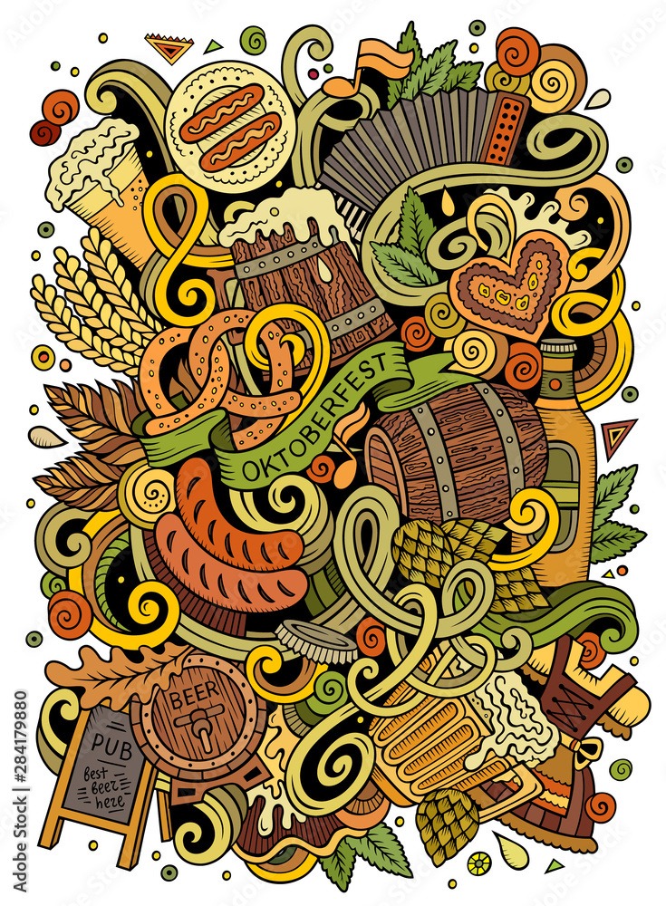 Cartoon doodles Beer fest illustration. Oktoberfest funny picture